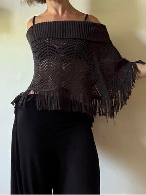 Bohemian off-shoulders fringed poncho top — Camaïeu